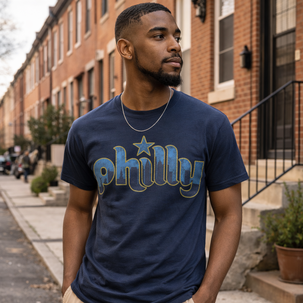 Man wearing a navy blue 'Philly' t-shirt standing on a street with brick buildings in the background.
